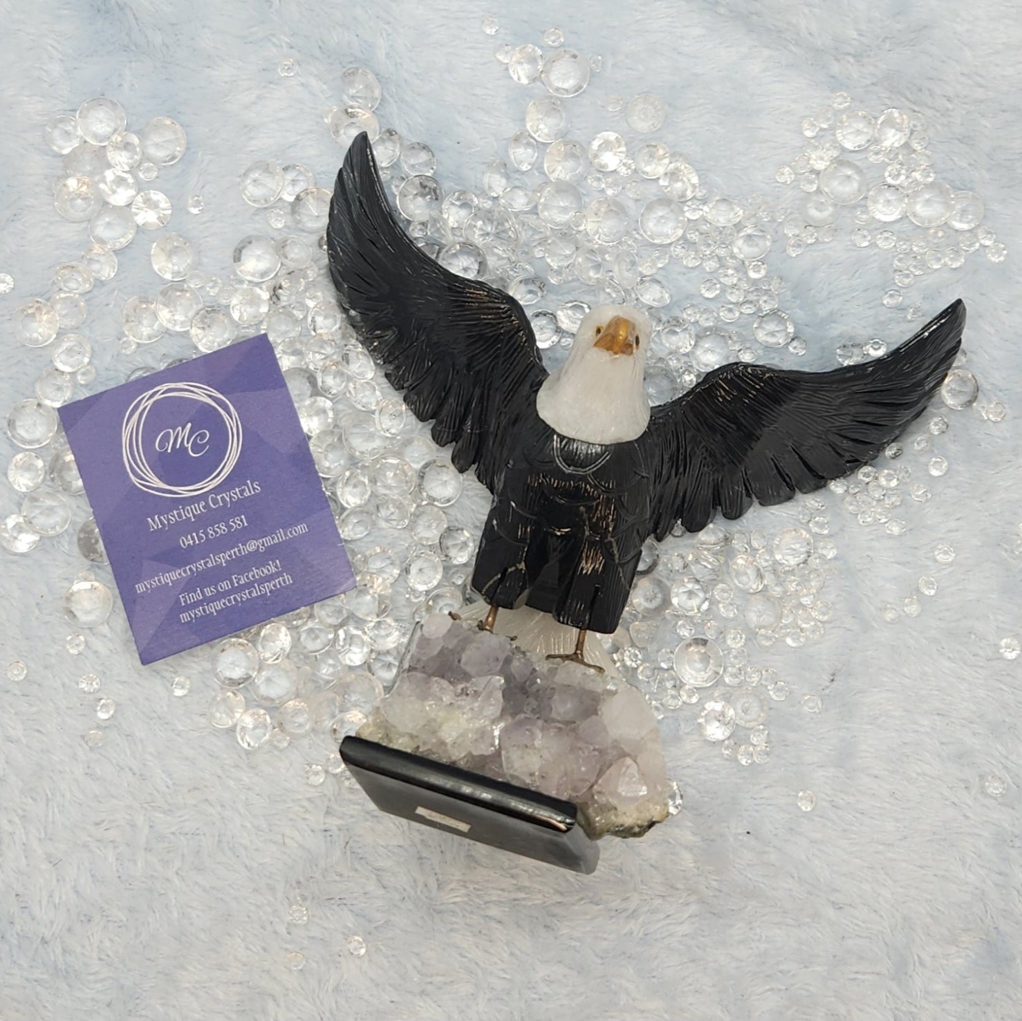 Black Obsidian & White Calcite Eagle on Amethyst